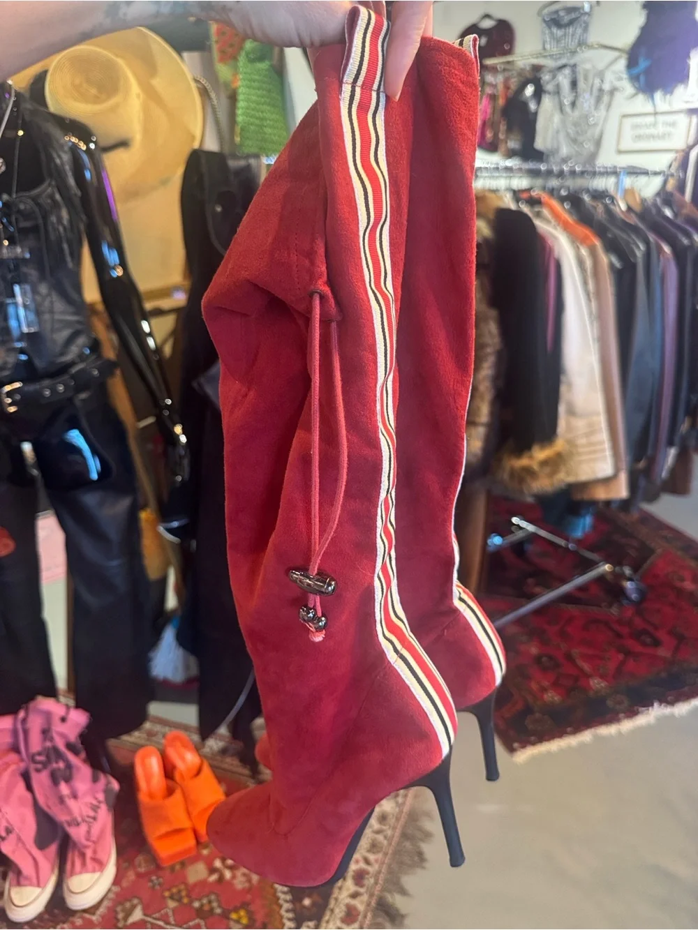Y2K Steven by Steve Madden Red Suede Knee High Boot with Racing Stripe Detail